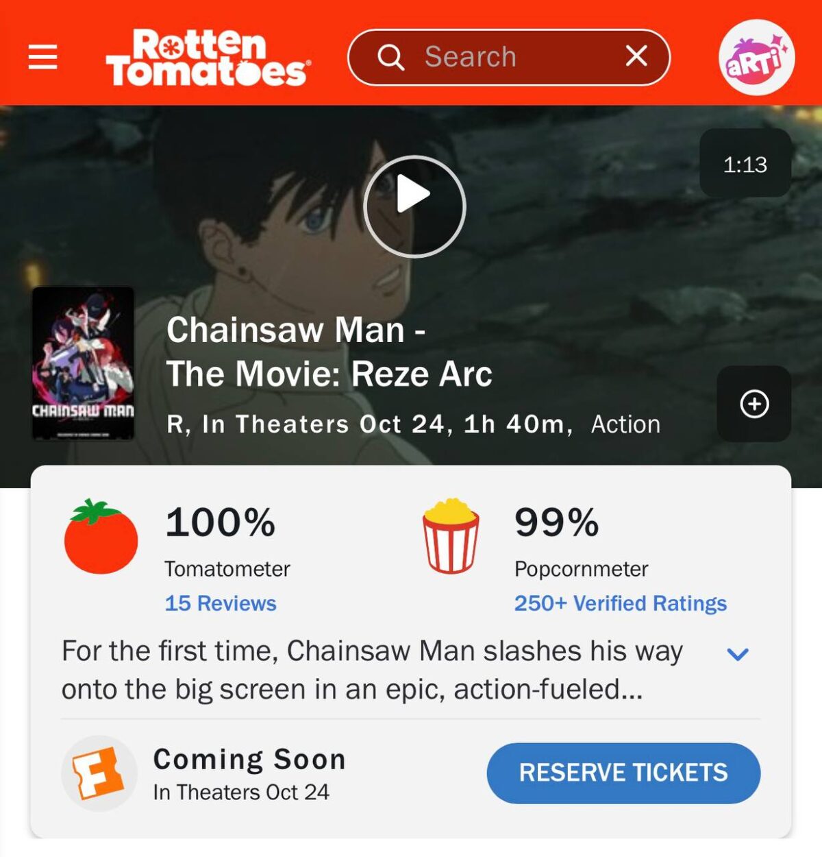 Anime „Chainsaw Man: Rėzės istorija“ pelno 100% kritikų įvertinimą