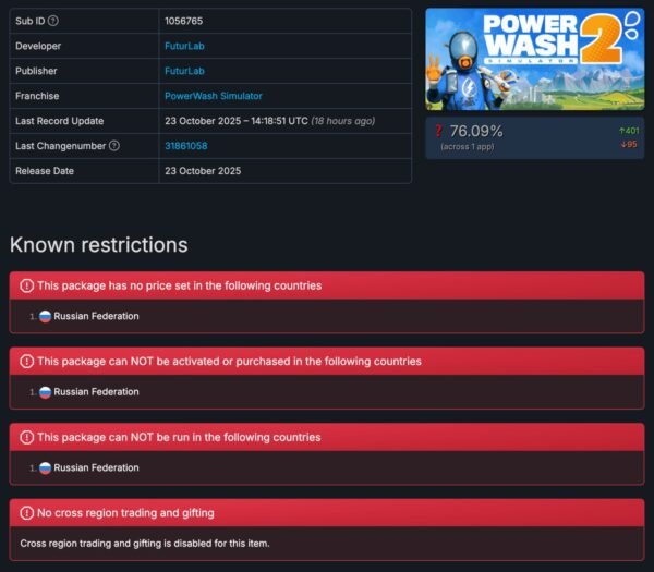 Powerwash Simulator 2 žaidimas tapo neprieinamas Rusijoje
