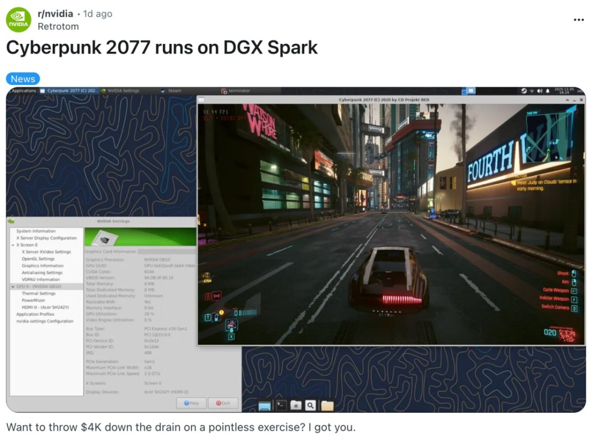Nvidia DGX Spark superkompiuteris susiduria su iššūkiais žaidžiant Cyberpunk 2077