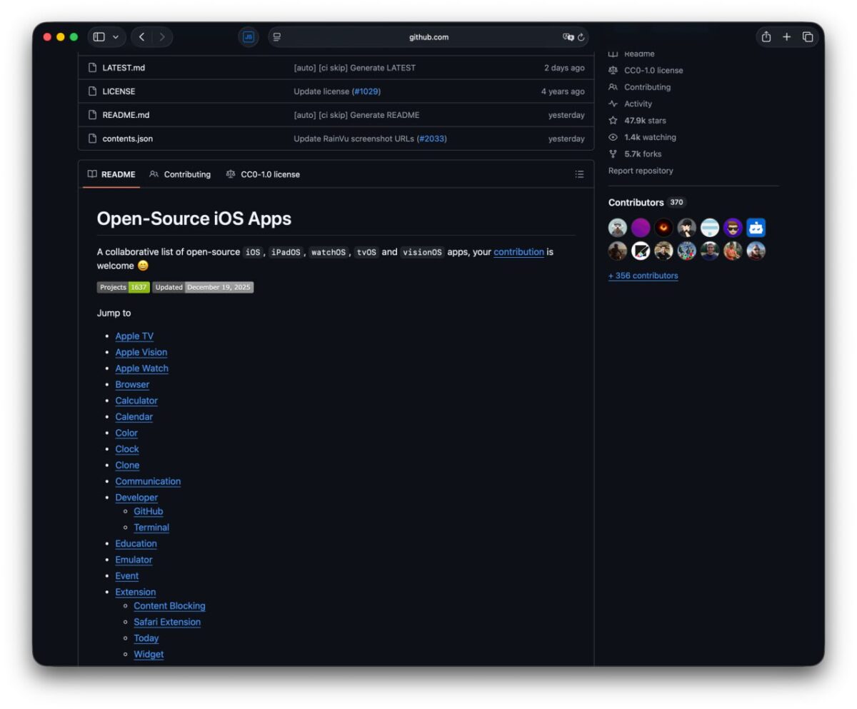 Populiari nemokamų Apple įrenginių programėlių biblioteka GitHub platformoje