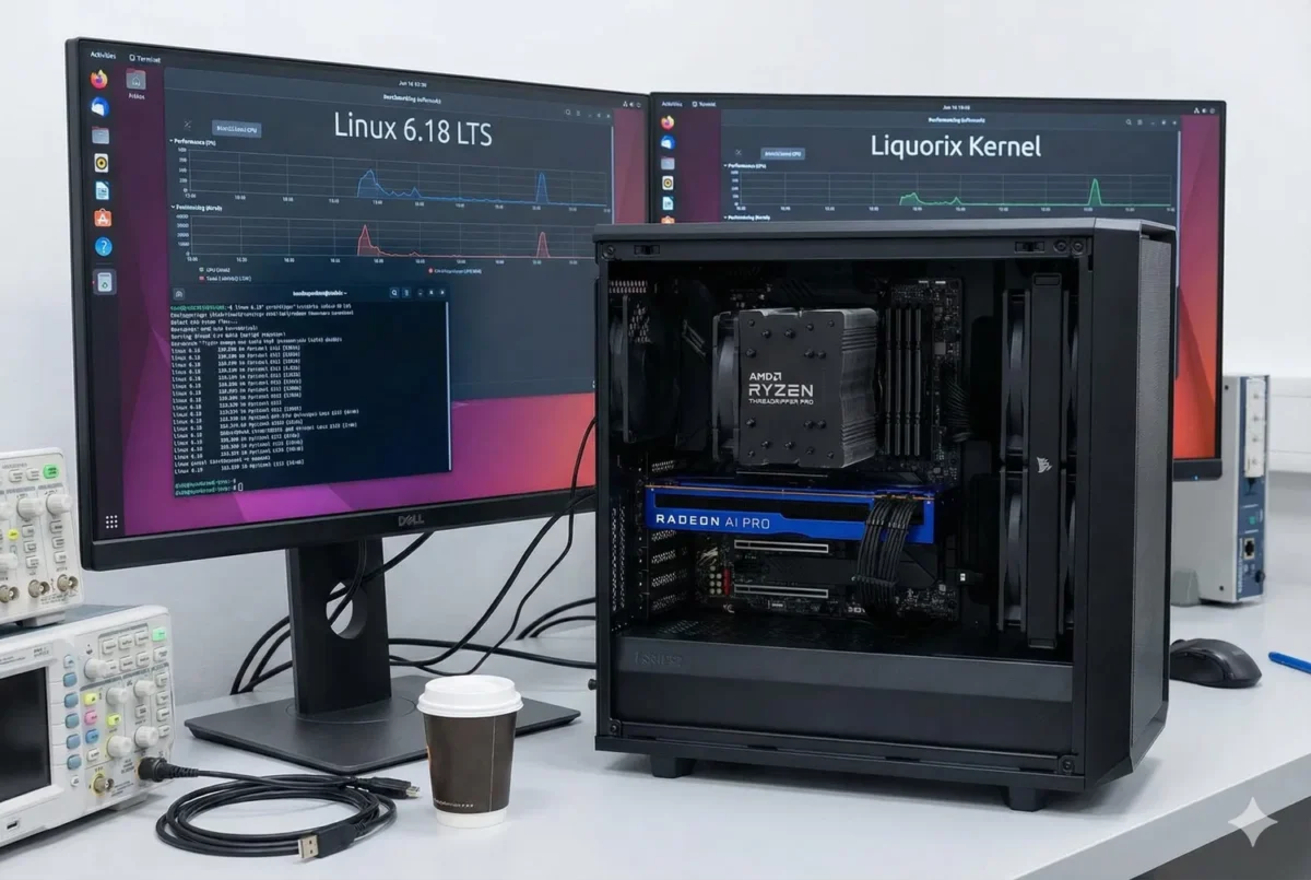 Linux 6.18 LTS ir Liquorix branduolių našumo palyginimas AMD Ryzen Threadripper sistemoje