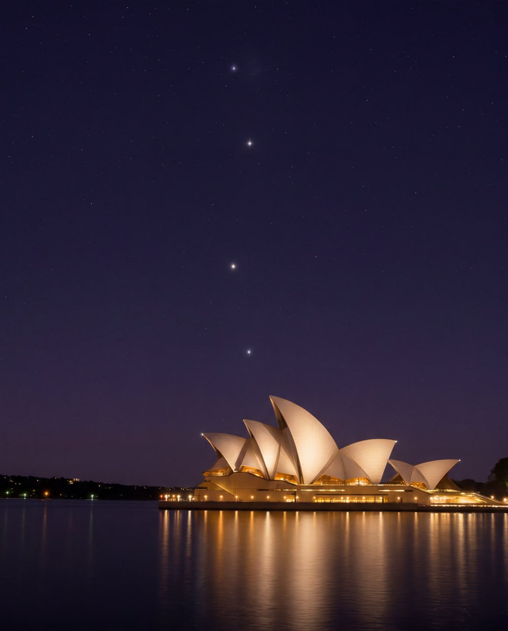 Saturnas, Marsas, Venera ir Jupiteris virš Sidnėjaus operos rūmų