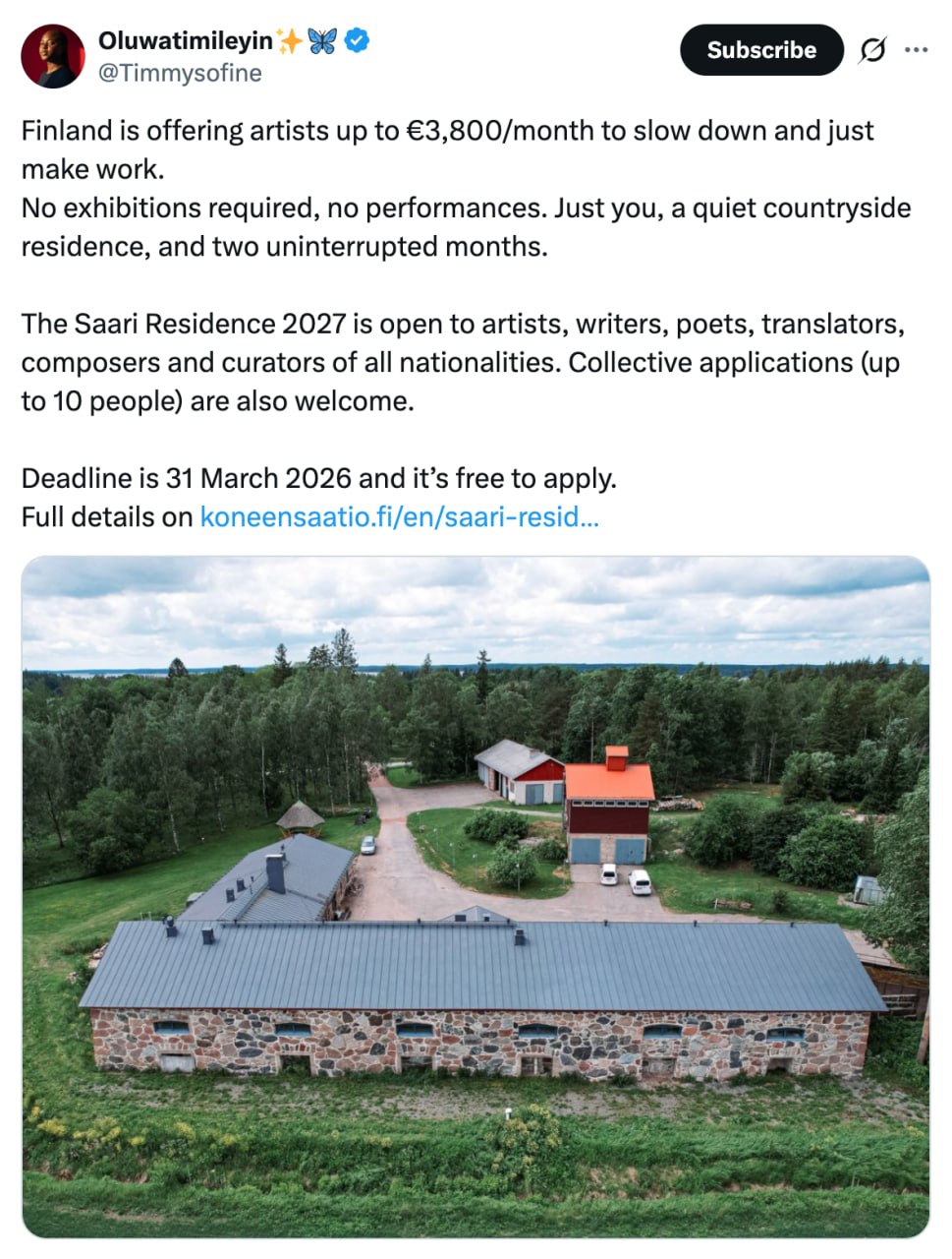 6856 Suomija Siūlo Menininkams Kūrybinį Atsitraukimą Su Finansine
