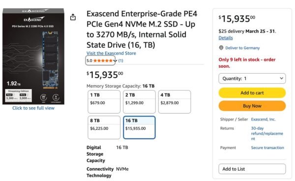 7289 Exascend Pristatė 16 Tb M2 Nvme Ssd Už Beveik 16 Tūkstančių