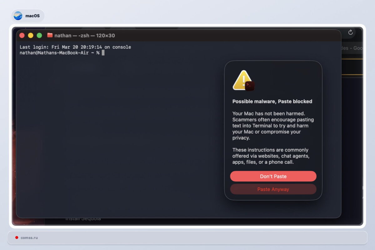 Apple prideda saugumo įspėjimą Terminale macOS apsaugai nuo ClickFix atakų