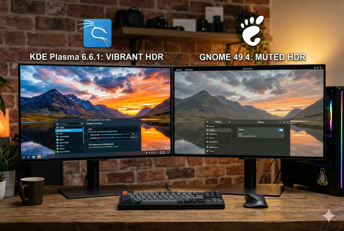 HDR palaikymo skirtumai GNOME 49 ir KDE Plasma 6.6 aplinkose