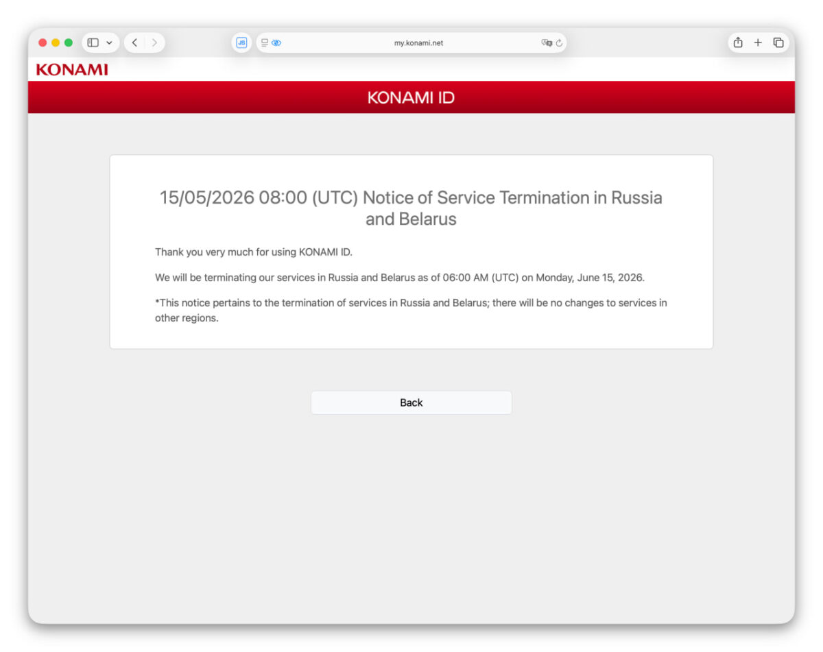 7189 Konami Nutraukia Serverių Veiklą Rusijoje Ir Baltarusijoje