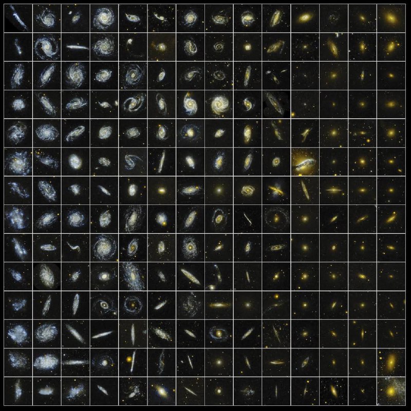 GALEX teleskopas atskleidžia 196 galaktikų koliažą ultravioletinėje šviesoje