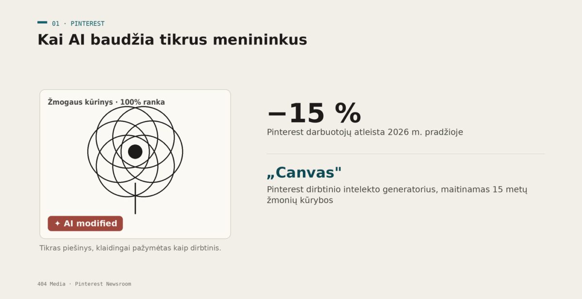 Ranka pieštas kūrinys, klaidingai pažymėtas raudona „AI modified" etikete; Pinterest 2026 metais atleido 15 procentų darbuotojų