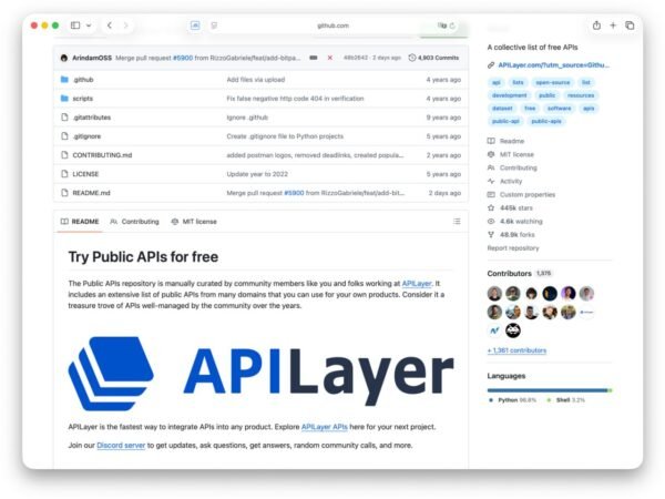 GitHub platformoje pasiekiamas naudingas nemokamų API katalogas