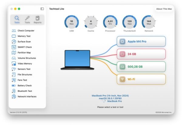 Techtool Lite – nemokama įrankis MacBook diagnostikai ir problemų sprendimui