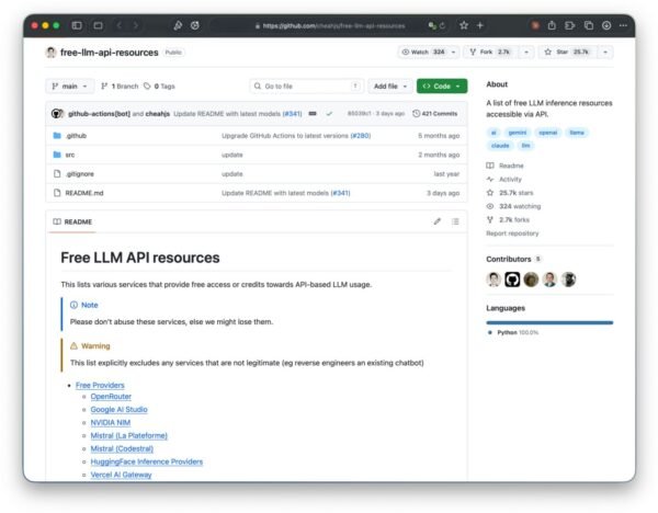 GitHub platformoje pasirodė nemokamų API sąrašas įvairioms modelių integracijoms