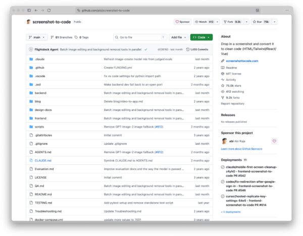 Screenshot to Code populiarėja GitHub platformoje