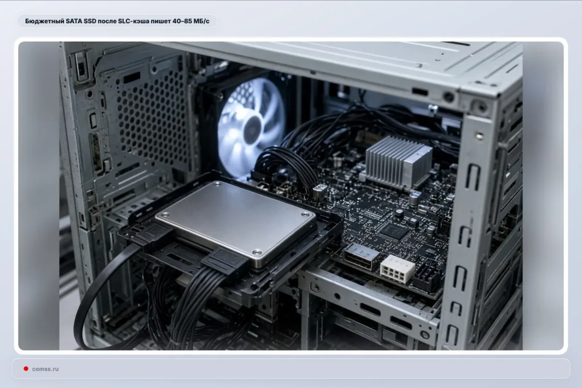 Crucial BX500 SATA SSD po SLC talpyklos užpildymo rašo 40-85 MB/s greičiu
