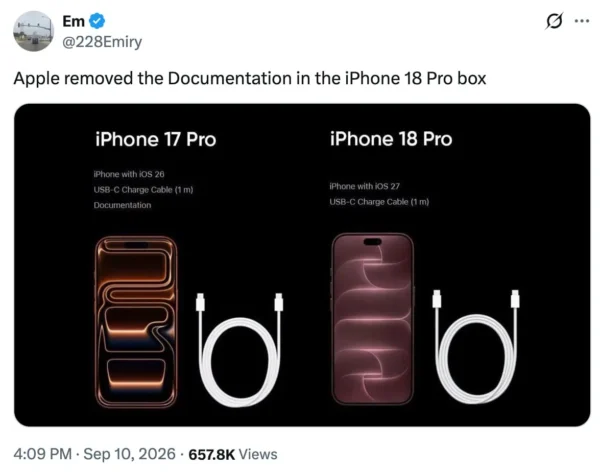 Apple nurodo, kad „iPhone 18 Pro“ pakuotėje yra telefonas ir USB-C įkrovimo laidas