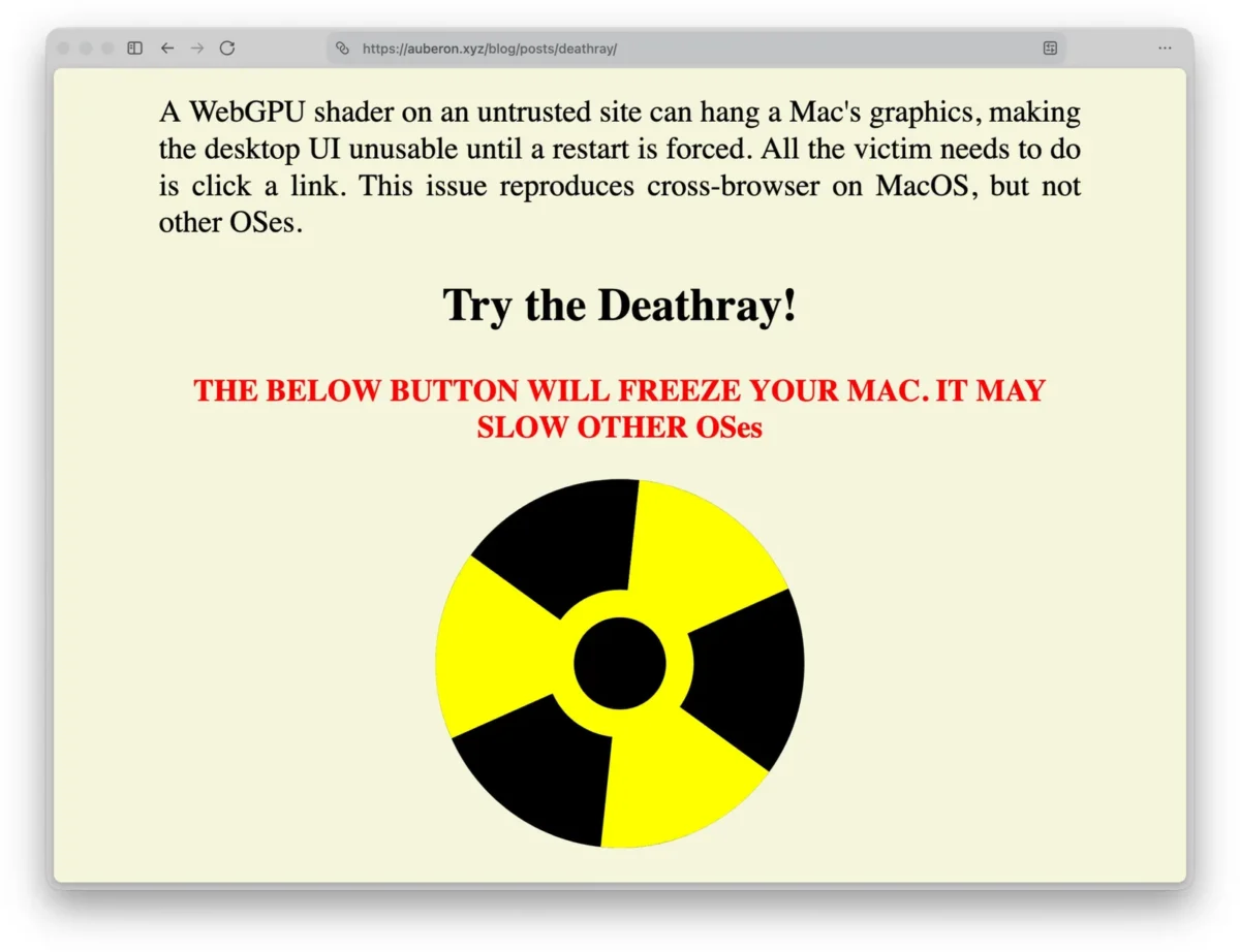 WebGPU spraga „Deathray“ gali užšaldyti „macOS“ sąsają „Apple Silicon“ kompiuteriuose