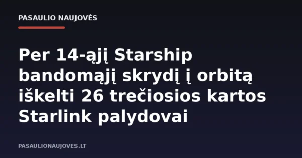 Per 14-ąjį Starship bandomąjį skrydį į orbitą iškelti 26 trečiosios kartos Starlink palydovai