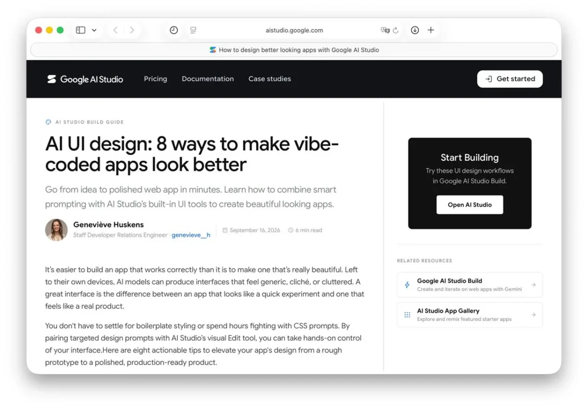 Google AI Studio puslapyje aprašoma, kaip su AI Studio Build kurti patrauklesnio dizaino programėles