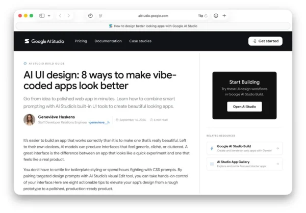 Google AI Studio puslapyje aprašoma, kaip su AI Studio Build kurti patrauklesnio dizaino programėles
