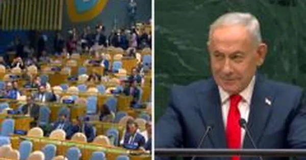 Per Benjamino Netanyahu kalbą JT salėje dalis delegatų paliko posėdį
