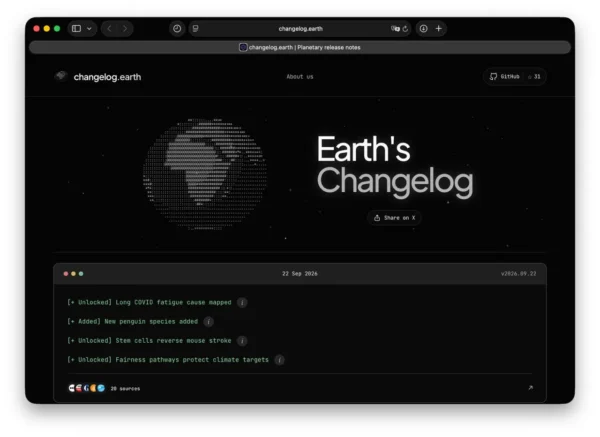 Earth’s Changelog skelbia kasdienius Žemės įvykius žaidimų atnaujinimų stiliumi