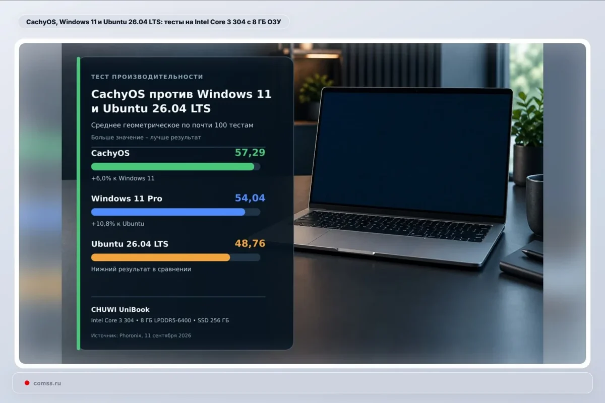 CHUWI UniBook bandymuose su 8 GB RAM geriausią bendrą rezultatą pasiekė „CachyOS“