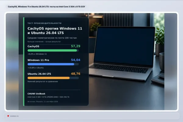 CHUWI UniBook bandymuose su 8 GB RAM geriausią bendrą rezultatą pasiekė „CachyOS“