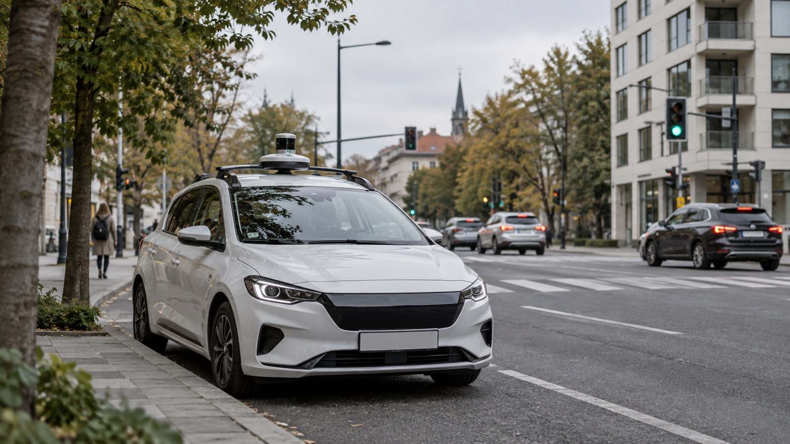 DI sukurta iliustracija: automobilis su jutiklių moduliu prie miesto sankryžos.