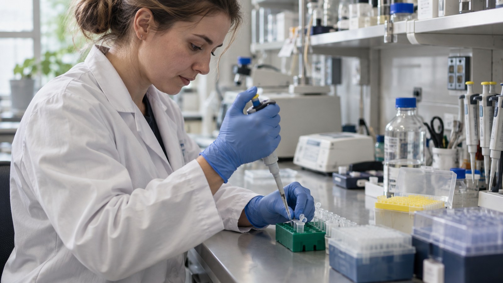 DI sukurta iliustracija: tyrėja biologijos laboratorijoje pipete dirba su mėgintuvėliais.