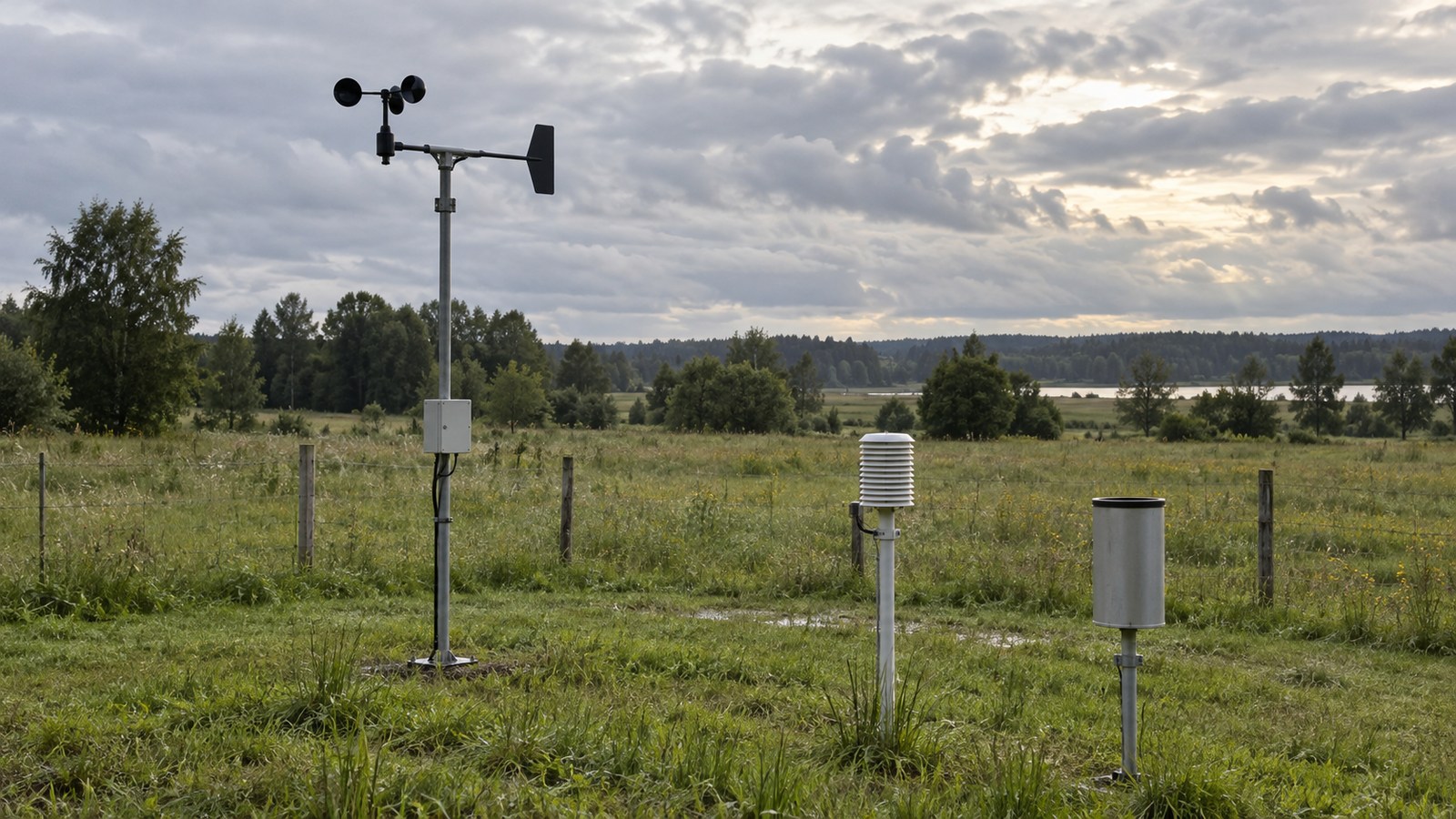 DI sukurta iliustracija: meteorologinių matavimų įranga pievoje po debesuotu dangumi.