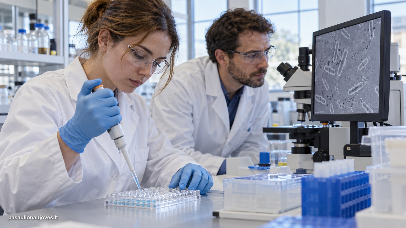 DI iliustracija. Mokslininkai laboratorijoje dirba su mėginiais ir stebi bakterijų vaizdą monitoriuje.