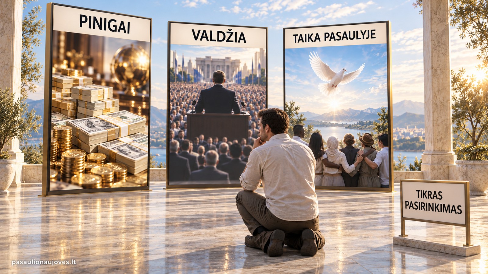 DI iliustracija. Susimąstęs žmogus klūpo prieš ekranus PINIGAI, VALDŽIA ir TAIKA PASAULYJE, o už jo nugaros lieka lentelė TIKRAS PASIRINKIMAS.