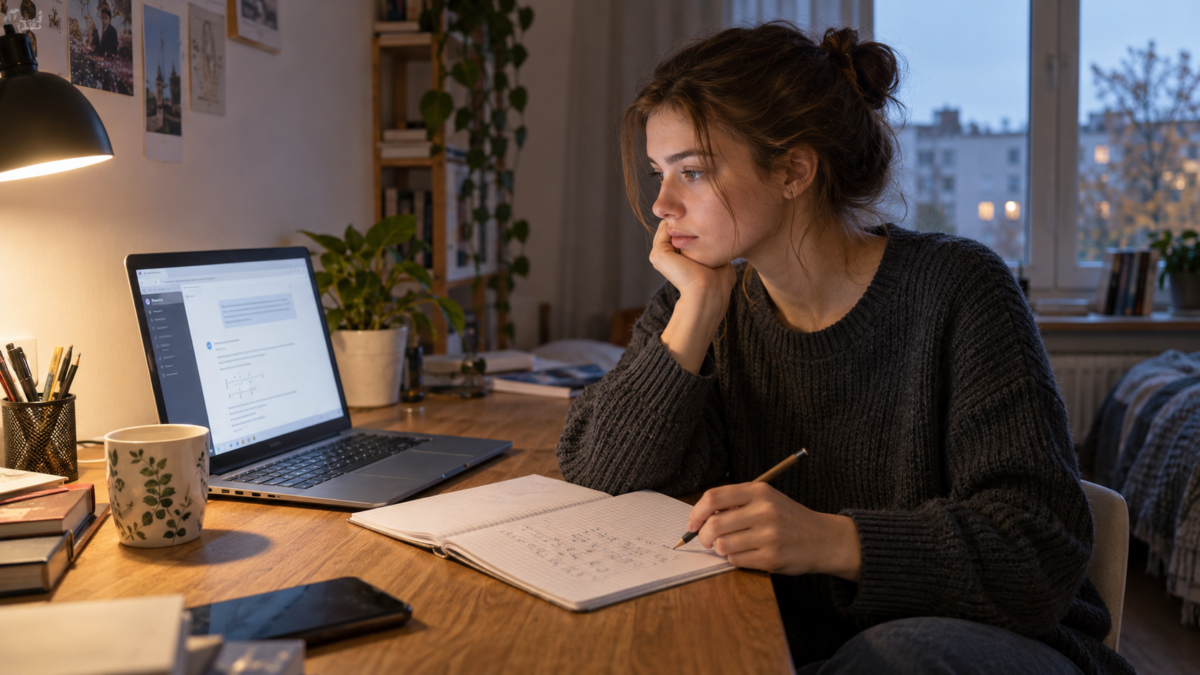 DI sukurta fotorealistinė iliustracija: studentė prie nešiojamojo kompiuterio su pokalbių robotu ir atversto matematikos sąsiuvinio.