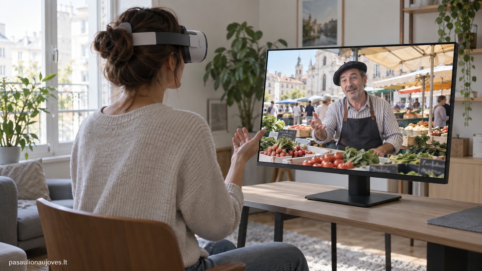 Žmogus su virtualiosios realybės akiniais mokosi bendrauti turgaus aplinkoje