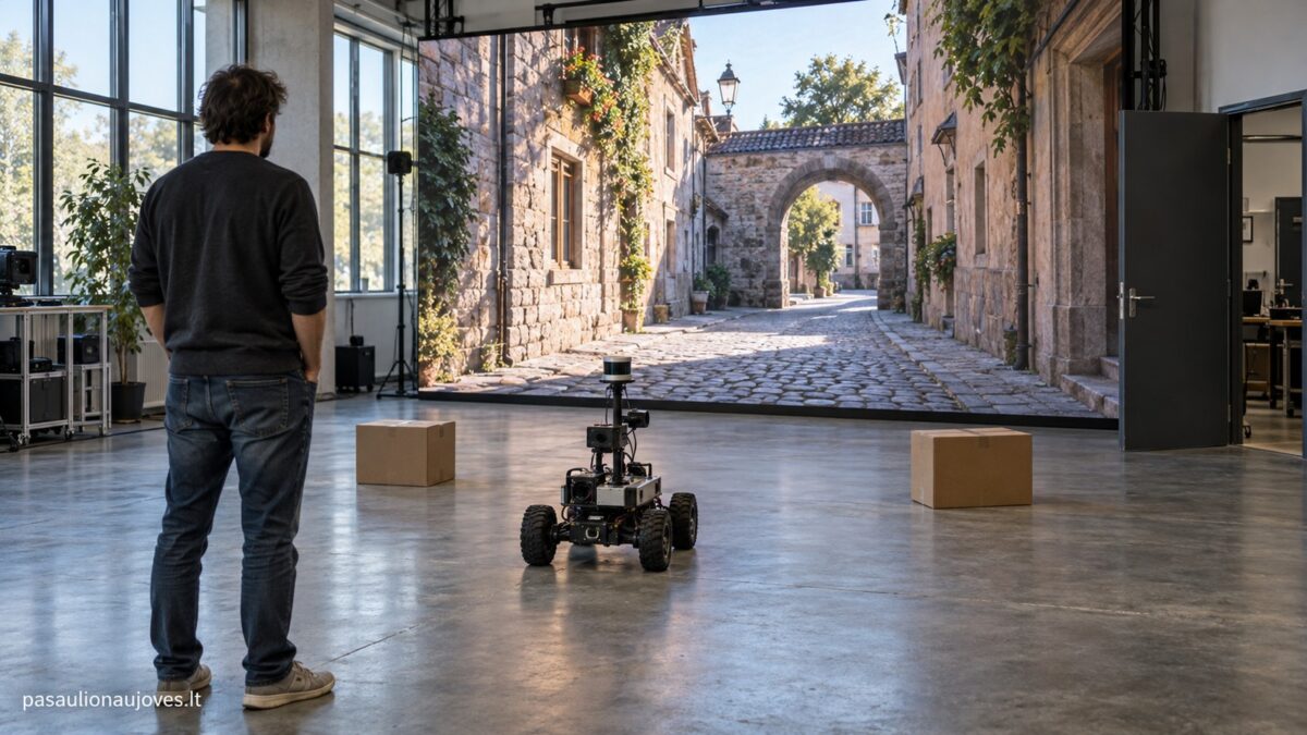 Įsivaizduojama robotų bandymų studija su virtualia gatve ekrane