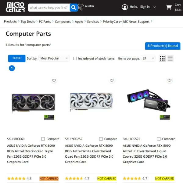 Micro Center kelių GeForce RTX 5090 modelių statusą pakeitė į „Not Carried“
