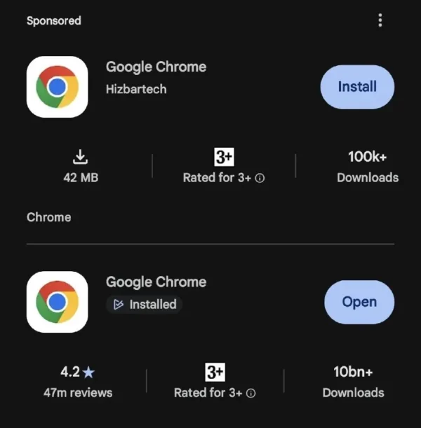 Google Play aptikta netikra Chrome programėlė buvo atsisiųsta daugiau nei 100 tūkst. kartų