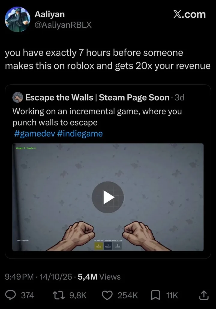Po „Escape the Walls“ peržiūros X tinkle pasirodė panašus žaidimas Roblox platformoje