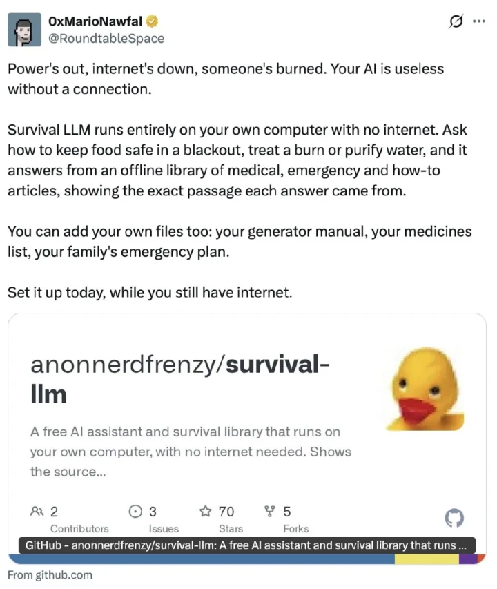 Pristatytas nemokamas AI pagalbininkas „Survival LLM“, veikiantis ir be interneto
